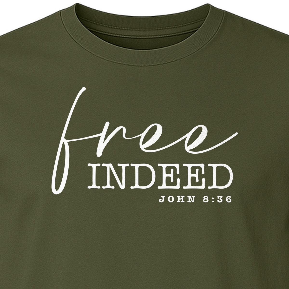 Christian T-Shirt, Free Indeed John 8:36 Faith Bible Verse Design for Sunday Church