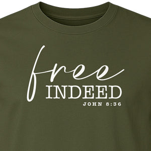 Christian T-Shirt, Free Indeed John 8:36 Faith Bible Verse Design for Sunday Church