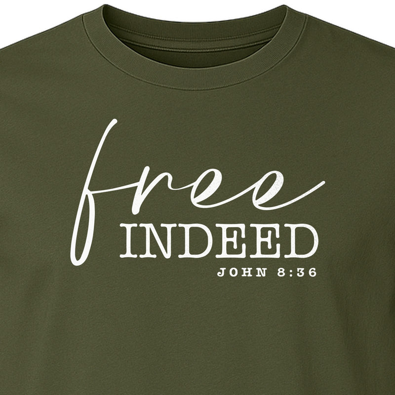 Christian T-Shirt, Free Indeed John 8:36 Faith Bible Verse Design for Sunday Church