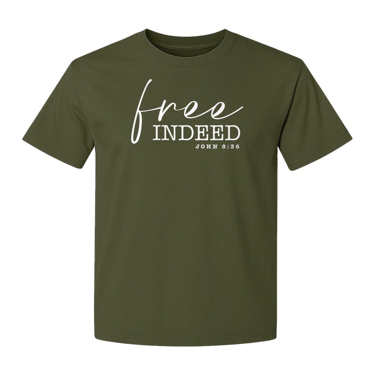 Christian T-Shirt, Free Indeed John 8:36 Faith Bible Verse Design for Sunday Church