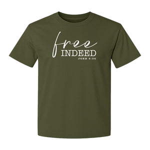 Christian T-Shirt, Free Indeed John 8:36 Faith Bible Verse Design for Sunday Church