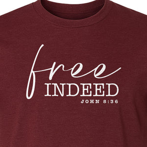 Christian T-Shirt, Free Indeed John 8:36 Faith Bible Verse Design for Sunday Church
