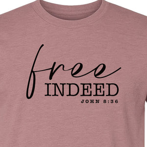 Christian T-Shirt, Free Indeed John 8:36 Faith Bible Verse Design for Sunday Church