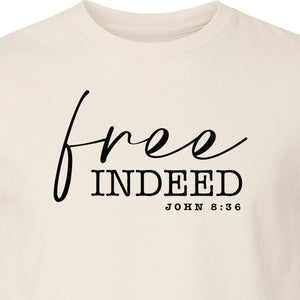 Christian T-Shirt, Free Indeed John 8:36 Faith Bible Verse Design for Sunday Church