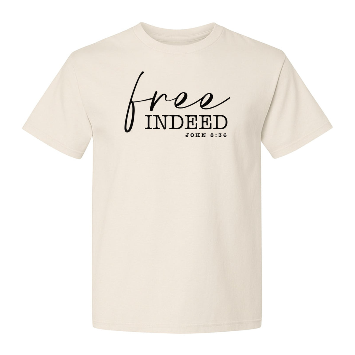Christian T-Shirt, Free Indeed John 8:36 Faith Bible Verse Design for Sunday Church