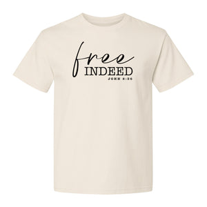 Christian T-Shirt, Free Indeed John 8:36 Faith Bible Verse Design for Sunday Church