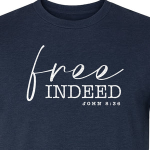 Christian T-Shirt, Free Indeed John 8:36 Faith Bible Verse Design for Sunday Church