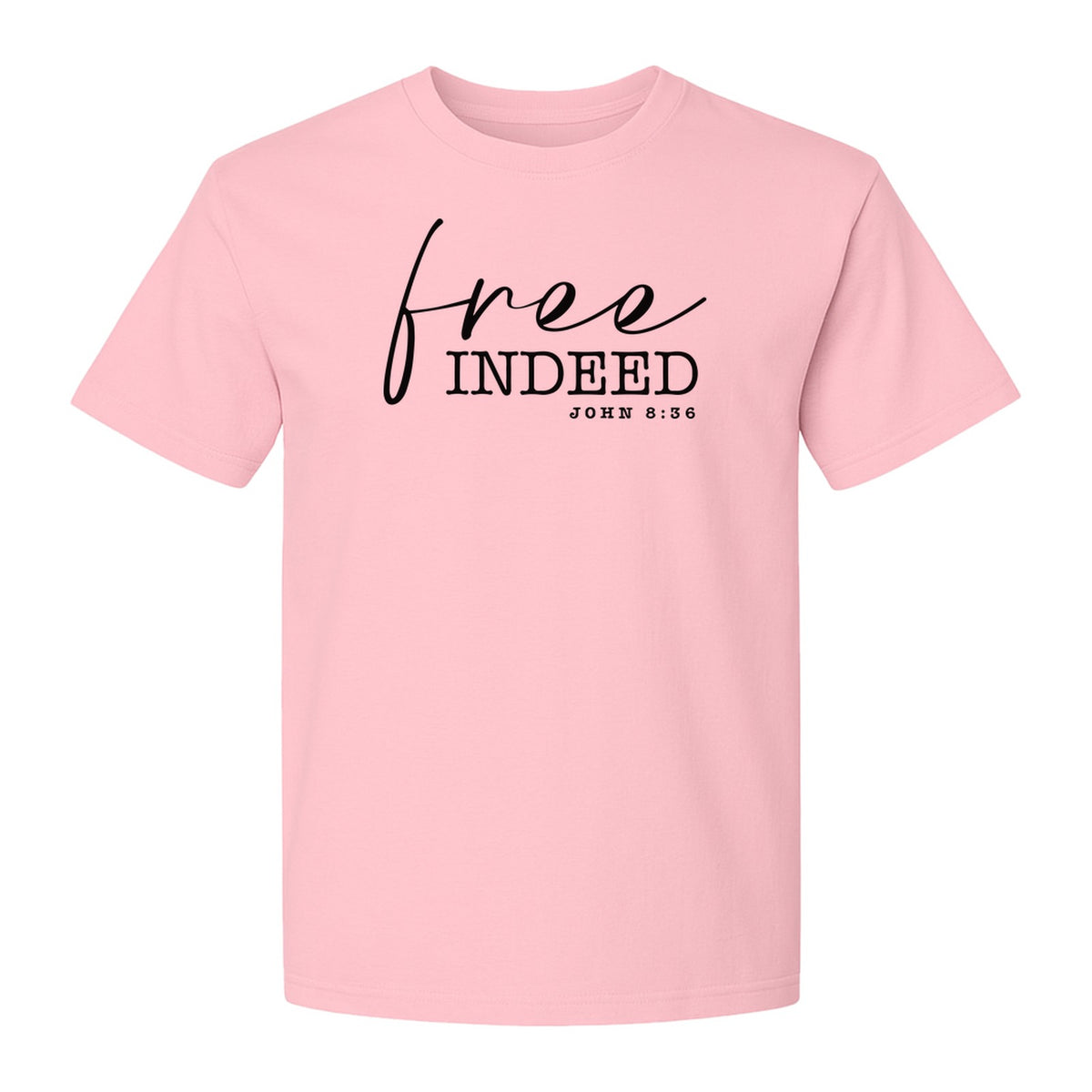 Christian T-Shirt, Free Indeed John 8:36 Faith Bible Verse Design for Sunday Church