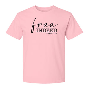 Christian T-Shirt, Free Indeed John 8:36 Faith Bible Verse Design for Sunday Church