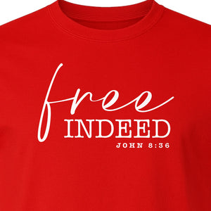 Christian T-Shirt, Free Indeed John 8:36 Faith Bible Verse Design for Sunday Church