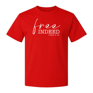 Christian T-Shirt, Free Indeed John 8:36 Faith Bible Verse Design for Sunday Church