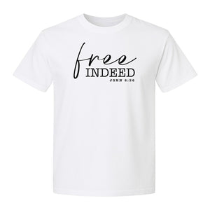 Christian T-Shirt, Free Indeed John 8:36 Faith Bible Verse Design for Sunday Church