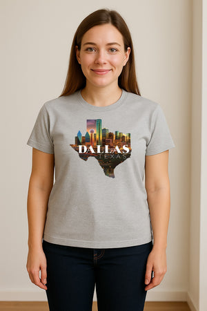 Dallas Texas T-Shirt, City Skyline State Map Graphic for Residents and Travelers