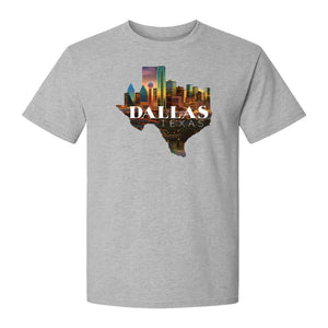 Dallas Texas T-Shirt, City Skyline State Map Graphic for Residents and Travelers
