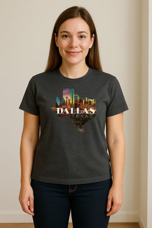 Dallas Texas T-Shirt, City Skyline State Map Graphic for Residents and Travelers
