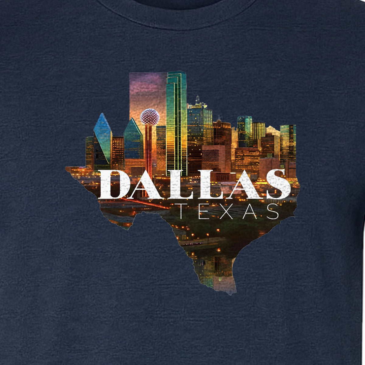 Dallas Texas T-Shirt, City Skyline State Map Graphic for Residents and Travelers