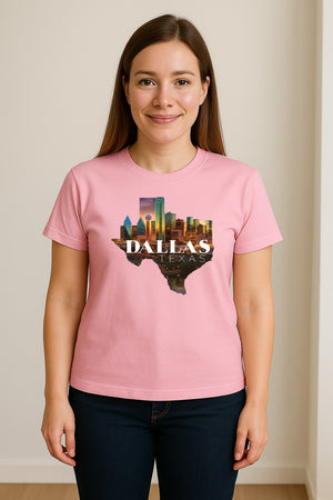 Dallas Texas T-Shirt, City Skyline State Map Graphic for Residents and Travelers
