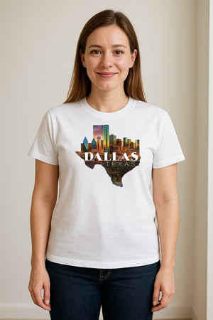 Dallas Texas T-Shirt, City Skyline State Map Graphic for Residents and Travelers