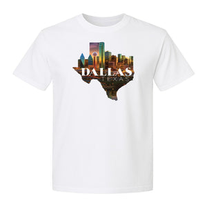 Dallas Texas T-Shirt, City Skyline State Map Graphic for Residents and Travelers