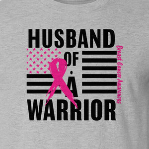 Breast Cancer Awareness T-Shirt, Husband of a Warrior Pink Ribbon USA Flag Graphic for Supportive Spouses