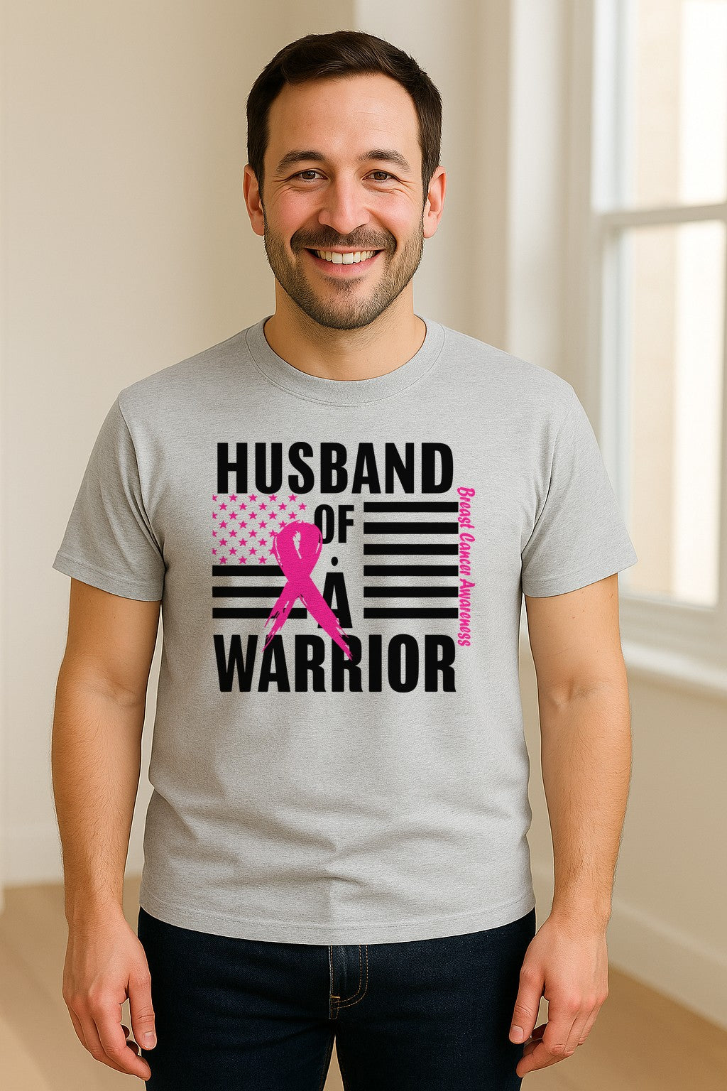 Breast Cancer Awareness T-Shirt, Husband of a Warrior Pink Ribbon USA Flag Graphic for Supportive Spouses