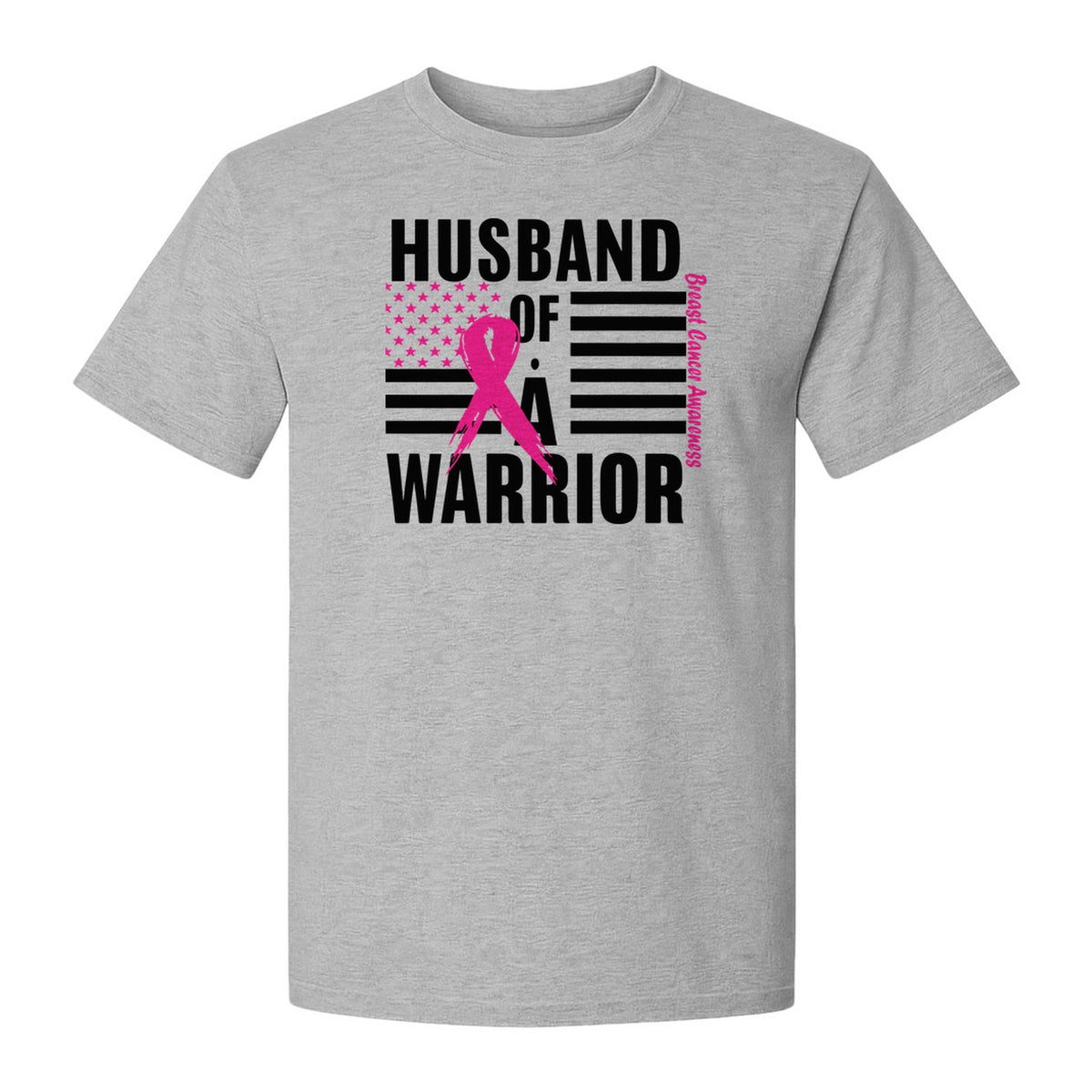 Breast Cancer Awareness T-Shirt, Husband of a Warrior Pink Ribbon USA Flag Graphic for Supportive Spouses
