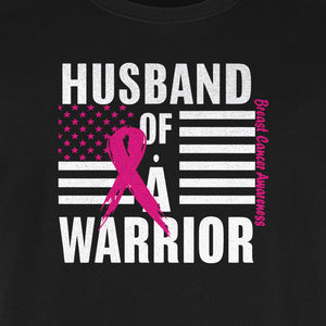 Breast Cancer Awareness T-Shirt, Husband of a Warrior Pink Ribbon USA Flag Graphic for Supportive Spouses