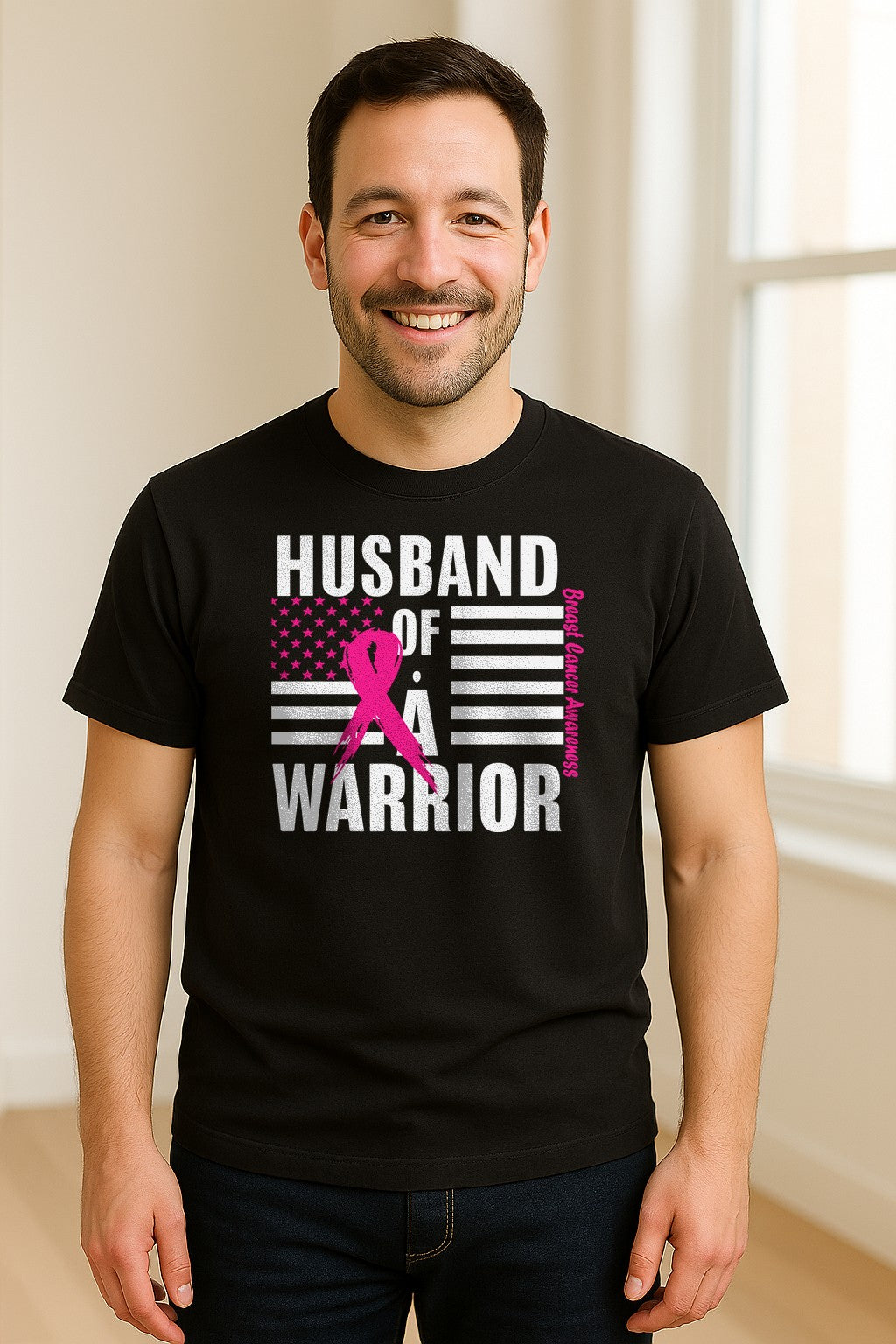 Breast Cancer Awareness T-Shirt, Husband of a Warrior Pink Ribbon USA Flag Graphic for Supportive Spouses