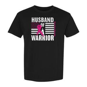 Breast Cancer Awareness T-Shirt, Husband of a Warrior Pink Ribbon USA Flag Graphic for Supportive Spouses
