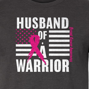Breast Cancer Awareness T-Shirt, Husband of a Warrior Pink Ribbon USA Flag Graphic for Supportive Spouses