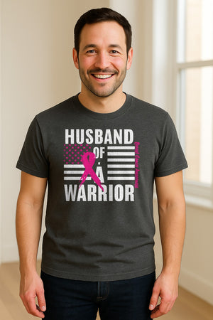 Breast Cancer Awareness T-Shirt, Husband of a Warrior Pink Ribbon USA Flag Graphic for Supportive Spouses