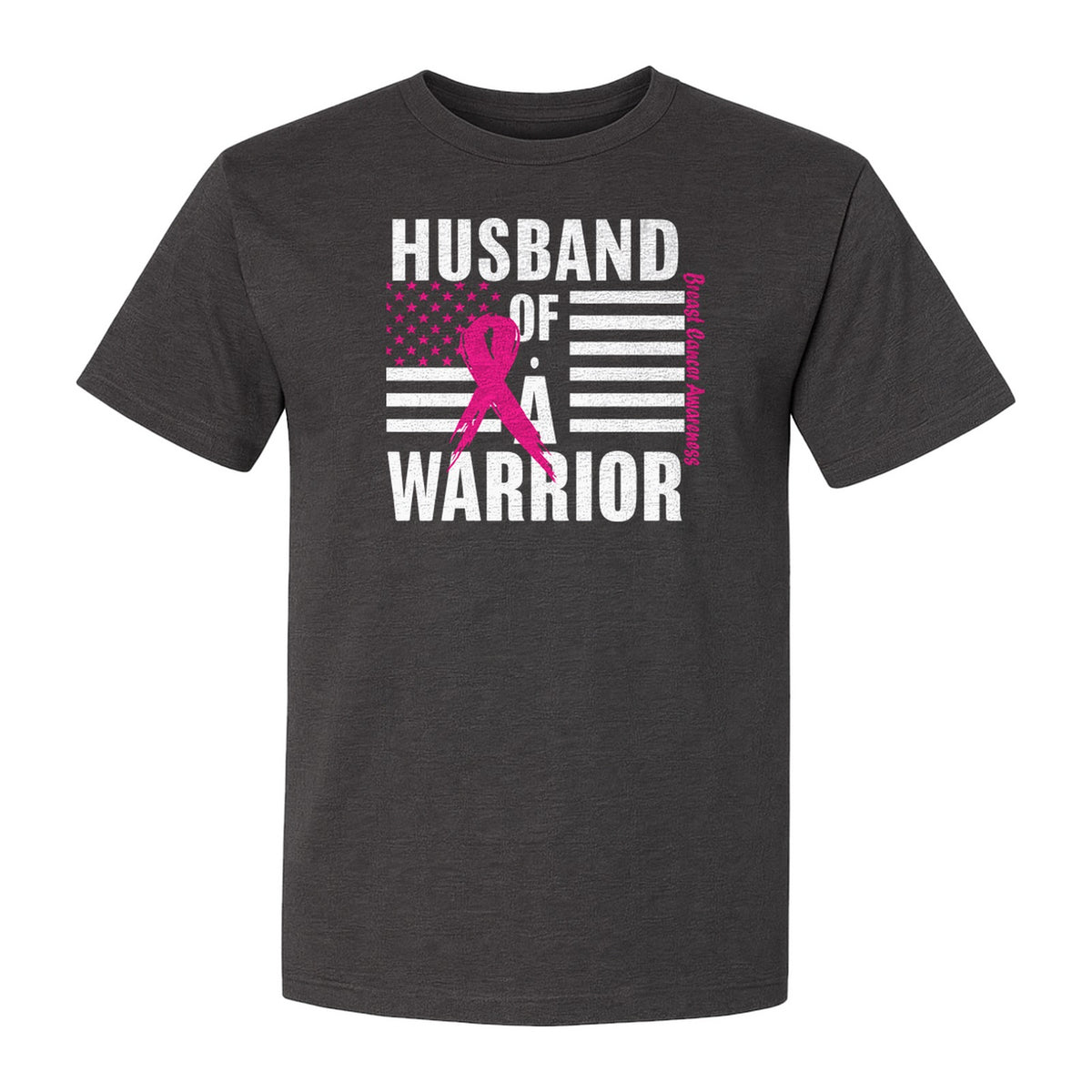 Breast Cancer Awareness T-Shirt, Husband of a Warrior Pink Ribbon USA Flag Graphic for Supportive Spouses