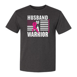 Breast Cancer Awareness T-Shirt, Husband of a Warrior Pink Ribbon USA Flag Graphic for Supportive Spouses