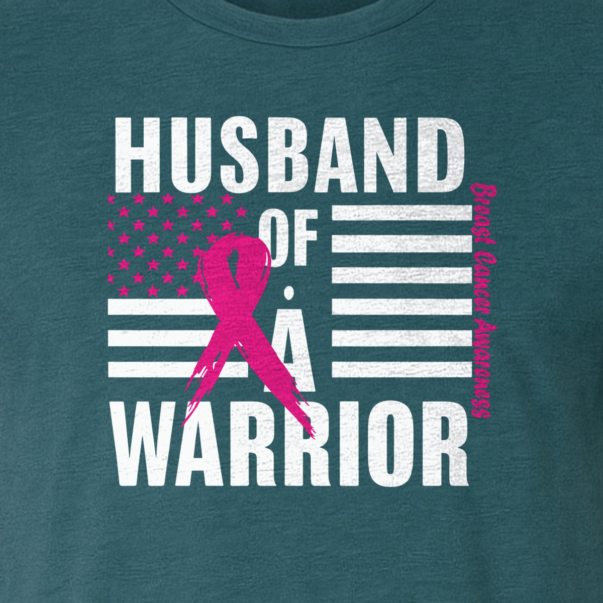 Breast Cancer Awareness T-Shirt, Husband of a Warrior Pink Ribbon USA Flag Graphic for Supportive Spouses