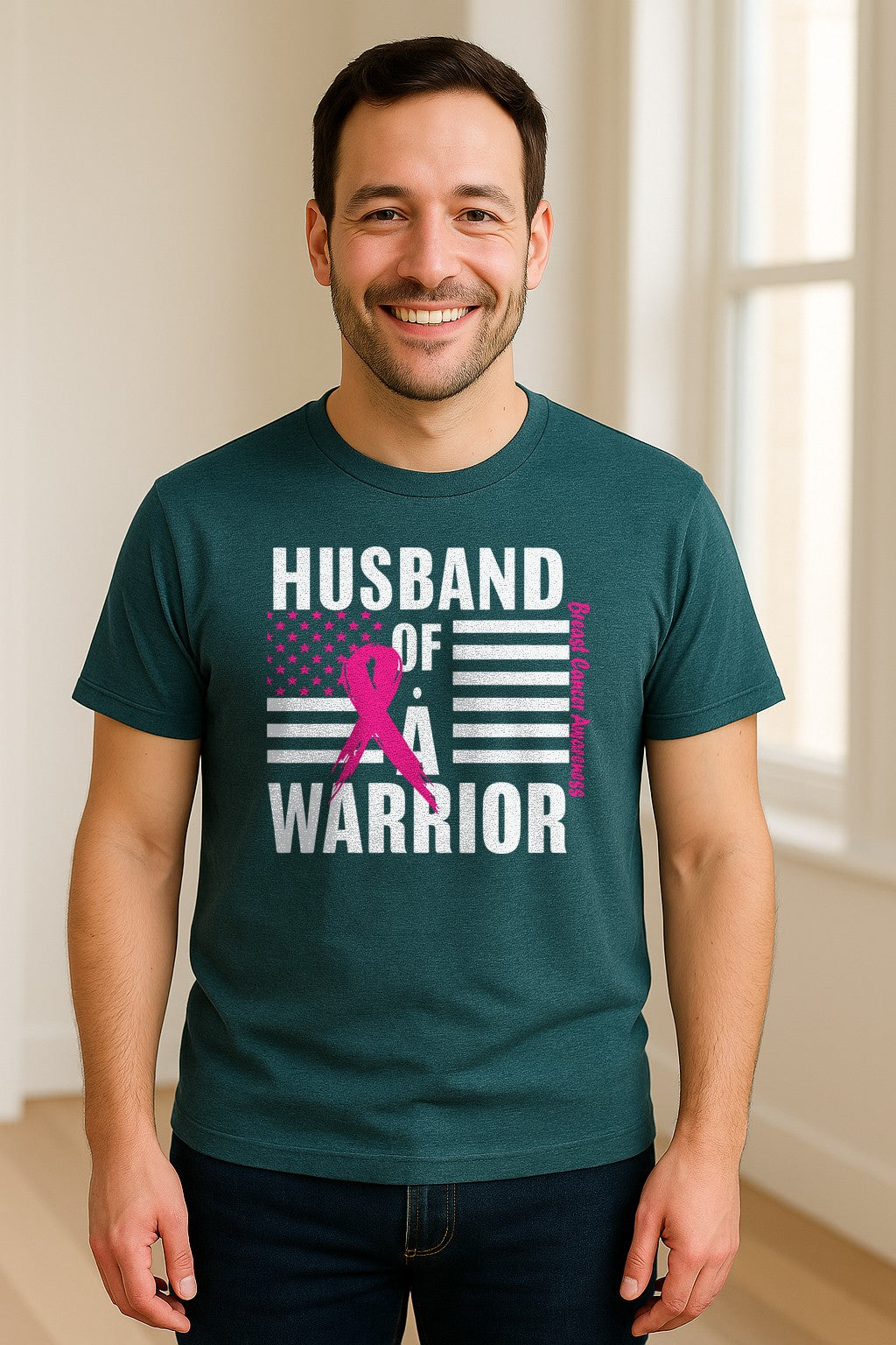 Breast Cancer Awareness T-Shirt, Husband of a Warrior Pink Ribbon USA Flag Graphic for Supportive Spouses