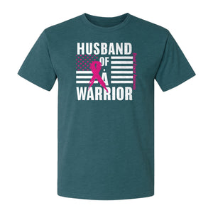 Breast Cancer Awareness T-Shirt, Husband of a Warrior Pink Ribbon USA Flag Graphic for Supportive Spouses