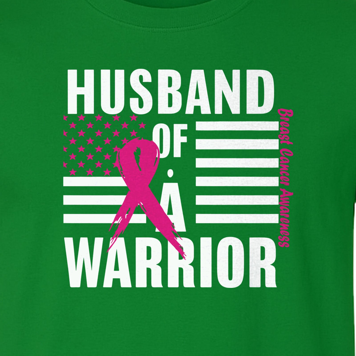 Breast Cancer Awareness T-Shirt, Husband of a Warrior Pink Ribbon USA Flag Graphic for Supportive Spouses