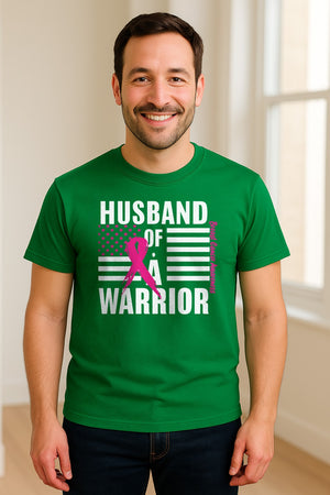 Breast Cancer Awareness T-Shirt, Husband of a Warrior Pink Ribbon USA Flag Graphic for Supportive Spouses