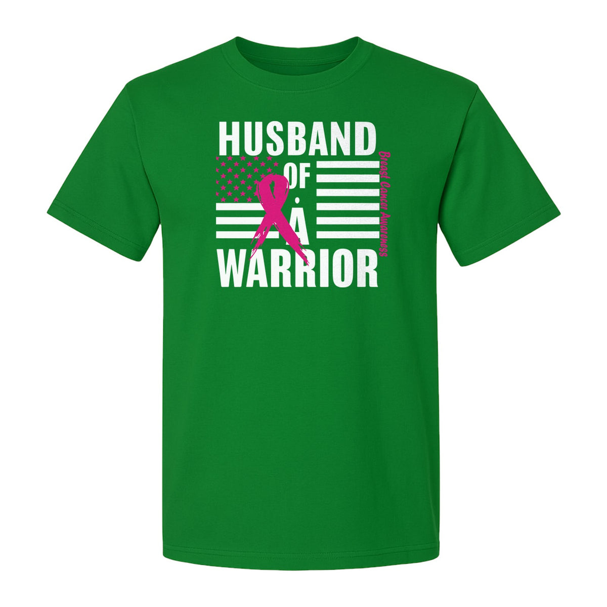 Breast Cancer Awareness T-Shirt, Husband of a Warrior Pink Ribbon USA Flag Graphic for Supportive Spouses