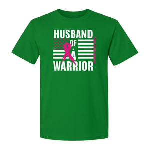 Breast Cancer Awareness T-Shirt, Husband of a Warrior Pink Ribbon USA Flag Graphic for Supportive Spouses