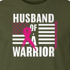 Breast Cancer Awareness T-Shirt, Husband of a Warrior Pink Ribbon USA Flag Graphic for Supportive Spouses