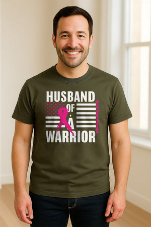 Breast Cancer Awareness T-Shirt, Husband of a Warrior Pink Ribbon USA Flag Graphic for Supportive Spouses