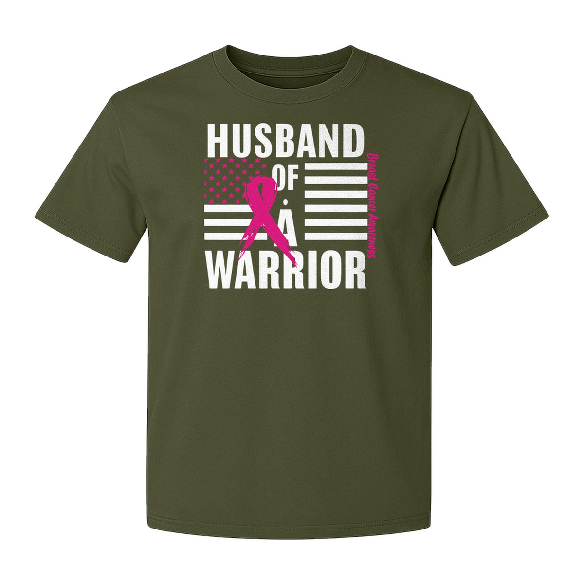 Breast Cancer Awareness T-Shirt, Husband of a Warrior Pink Ribbon USA Flag Graphic for Supportive Spouses