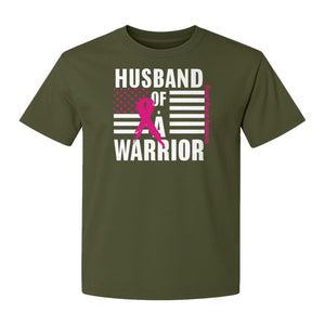 Breast Cancer Awareness T-Shirt, Husband of a Warrior Pink Ribbon USA Flag Graphic for Supportive Spouses