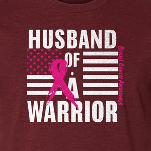 Breast Cancer Awareness T-Shirt, Husband of a Warrior Pink Ribbon USA Flag Graphic for Supportive Spouses