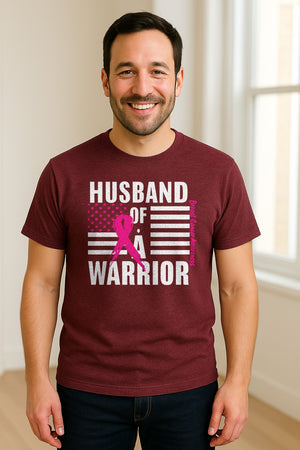 Breast Cancer Awareness T-Shirt, Husband of a Warrior Pink Ribbon USA Flag Graphic for Supportive Spouses