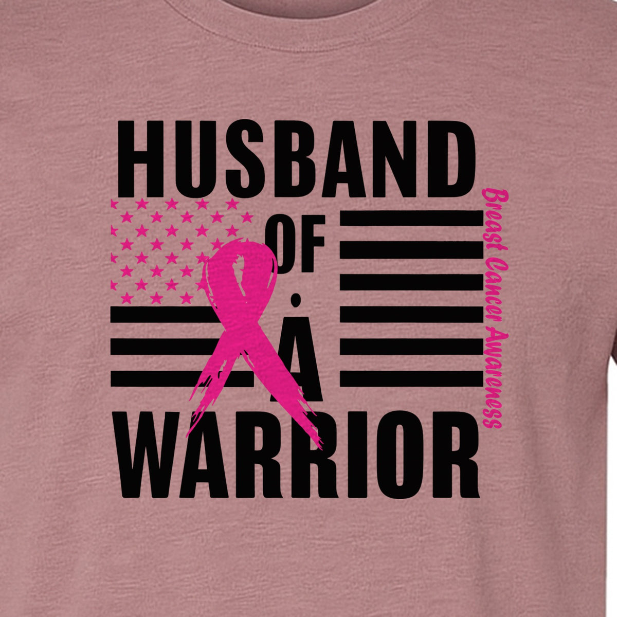 Breast Cancer Awareness T-Shirt, Husband of a Warrior Pink Ribbon USA Flag Graphic for Supportive Spouses