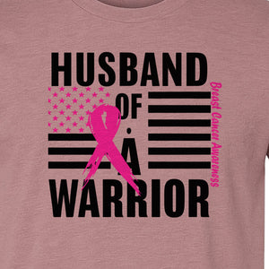 Breast Cancer Awareness T-Shirt, Husband of a Warrior Pink Ribbon USA Flag Graphic for Supportive Spouses