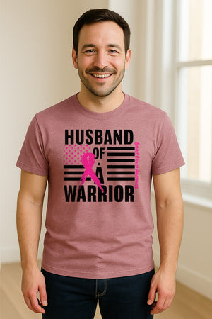 Breast Cancer Awareness T-Shirt, Husband of a Warrior Pink Ribbon USA Flag Graphic for Supportive Spouses