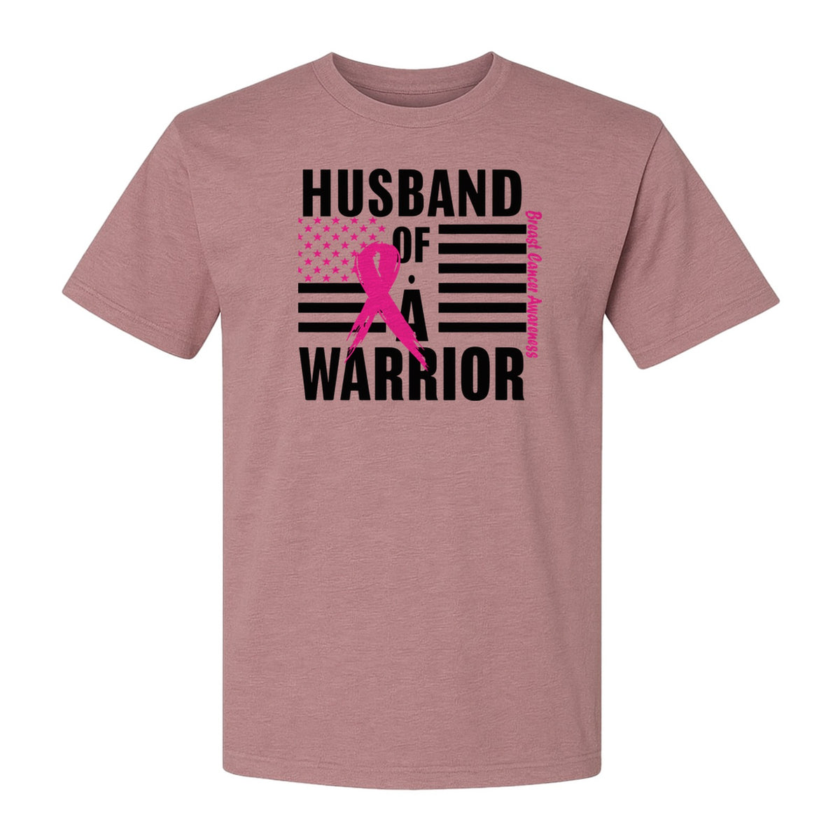 Breast Cancer Awareness T-Shirt, Husband of a Warrior Pink Ribbon USA Flag Graphic for Supportive Spouses